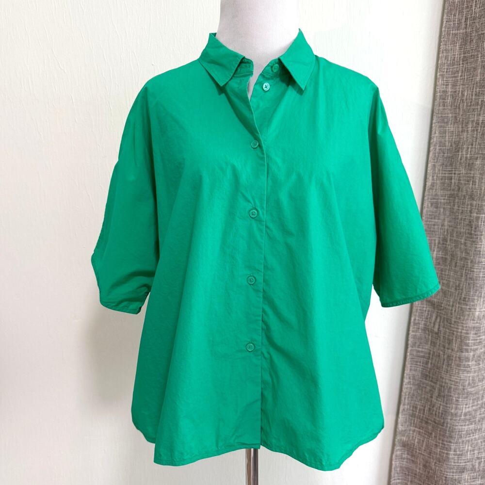 COS Womens Short Sleeve Button Up Collared Top 12 Kelly Green Cotton Career Boxy